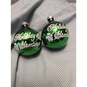 Vintage Rauch Ind Glass Christmas Ornaments Green Holiday Greetings Pair Holly